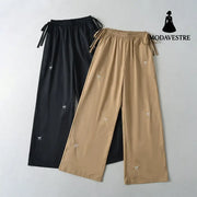 Bow Embroidered Elastic Waist Strap Work Pants