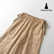 Bow Embroidered Elastic Waist Strap Work Pants