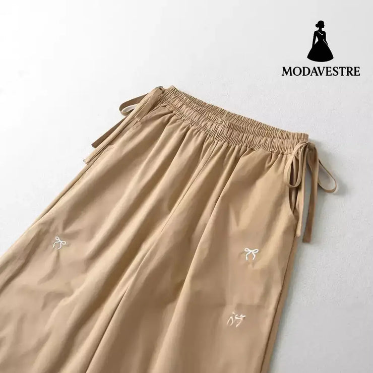 Bow Embroidered Elastic Waist Strap Work Pants