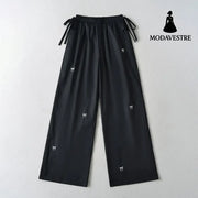 Bow Embroidered Elastic Waist Strap Work Pants Black / S