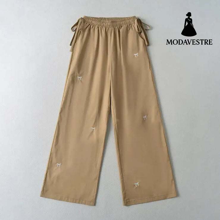 Bow Embroidered Elastic Waist Strap Work Pants Khaki / S