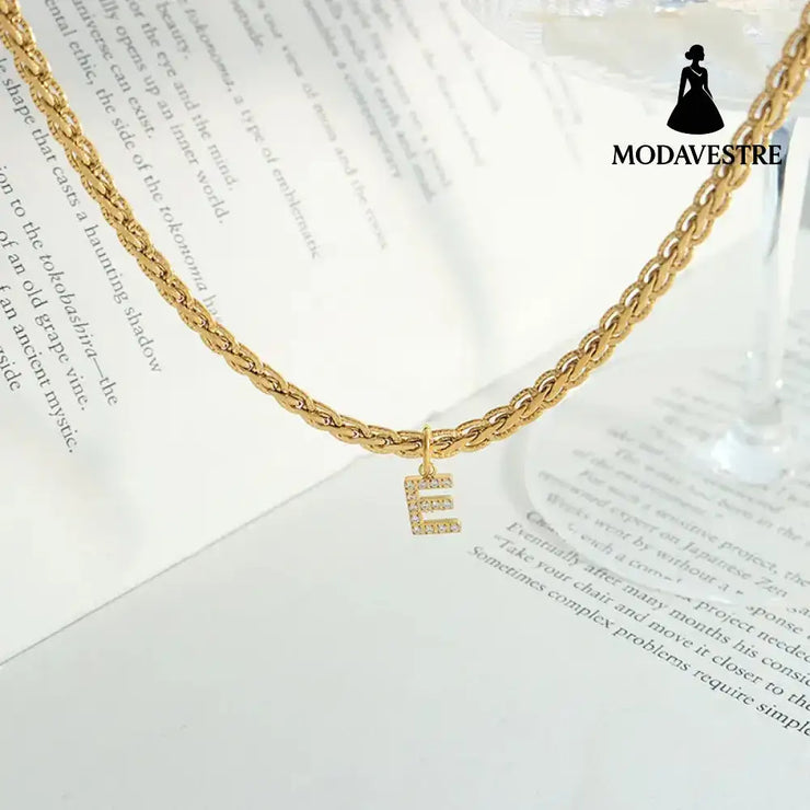 Brass Inlaid Zircon Letter Pendant Necklace