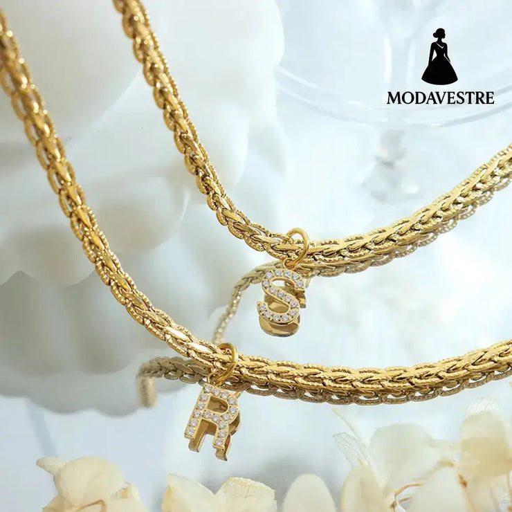 Brass Inlaid Zircon Letter Pendant Necklace