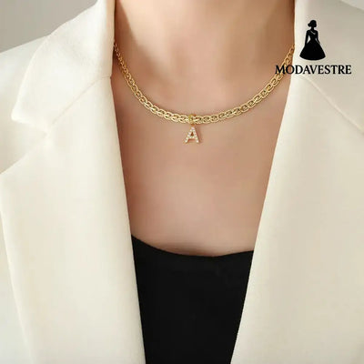 Brass Inlaid Zircon Letter Pendant Necklace Style A / One Size