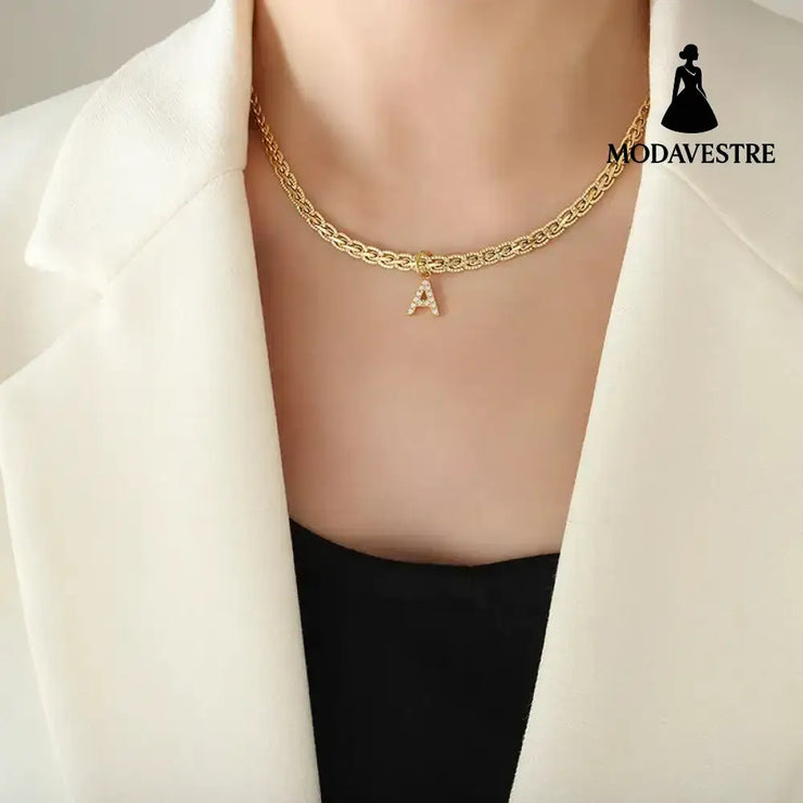 Brass Inlaid Zircon Letter Pendant Necklace Style A / One Size