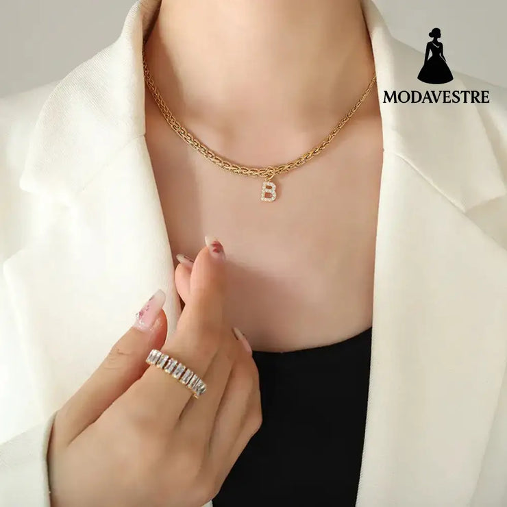 Brass Inlaid Zircon Letter Pendant Necklace Style B / One Size