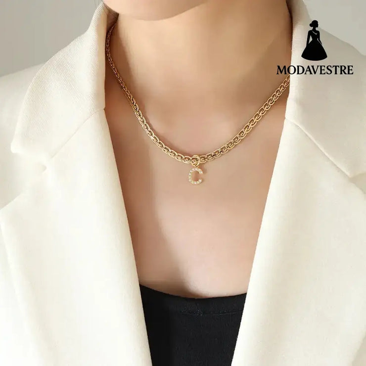 Brass Inlaid Zircon Letter Pendant Necklace Style C / One Size