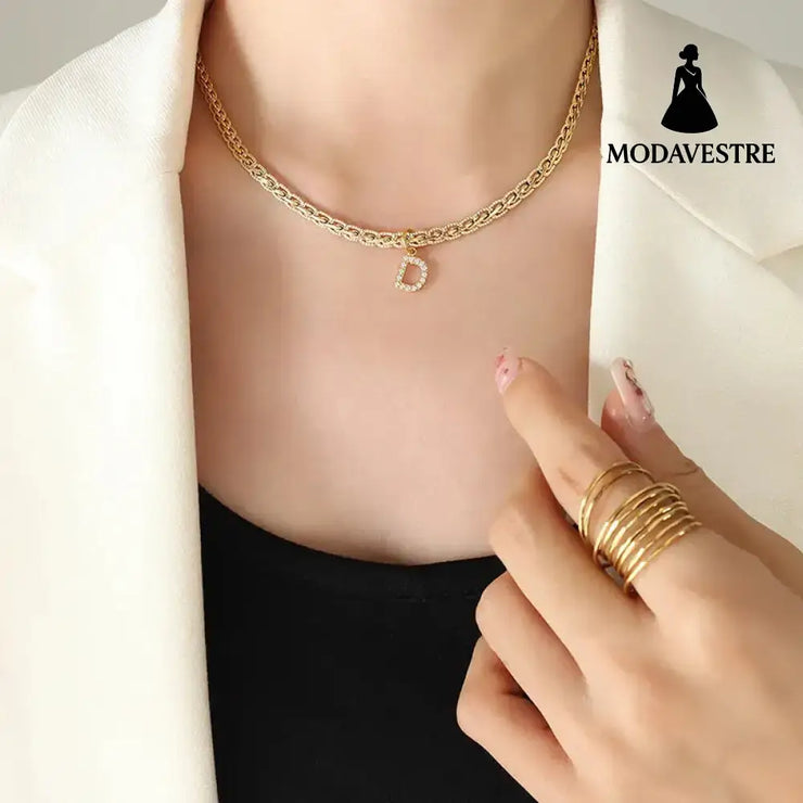 Brass Inlaid Zircon Letter Pendant Necklace Style D / One Size