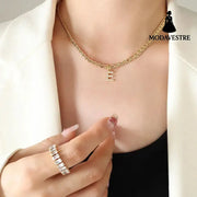 Brass Inlaid Zircon Letter Pendant Necklace Style E / One Size