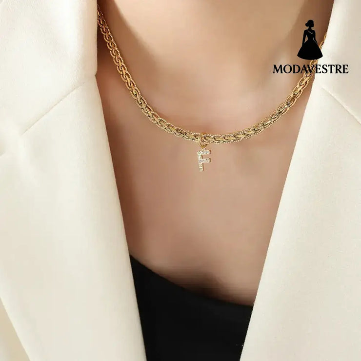 Brass Inlaid Zircon Letter Pendant Necklace Style F / One Size