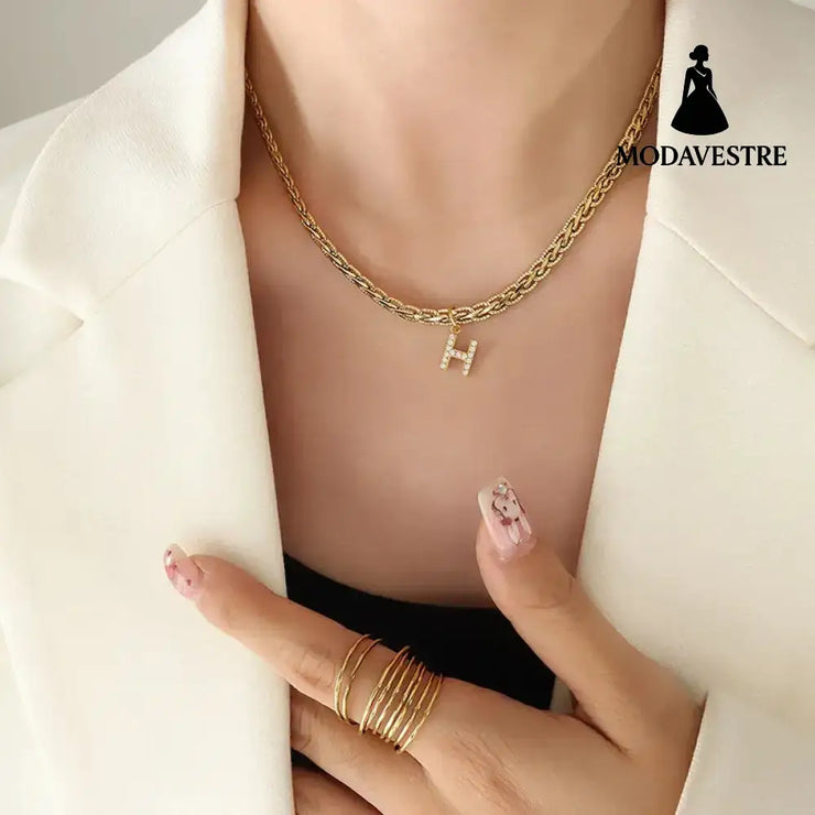 Brass Inlaid Zircon Letter Pendant Necklace Style H / One Size