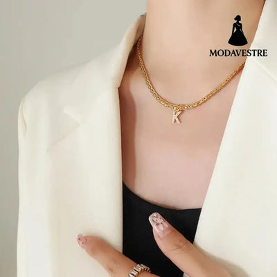 Brass Inlaid Zircon Letter Pendant Necklace Style K / One Size