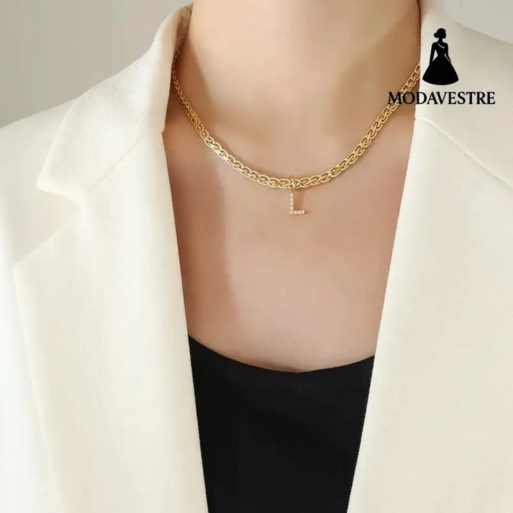 Brass Inlaid Zircon Letter Pendant Necklace Style L / One Size