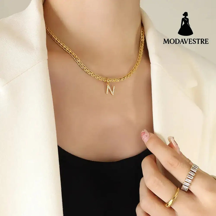 Brass Inlaid Zircon Letter Pendant Necklace Style N / One Size