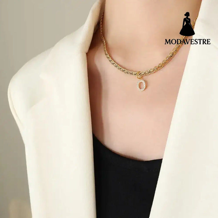 Brass Inlaid Zircon Letter Pendant Necklace Style O / One Size