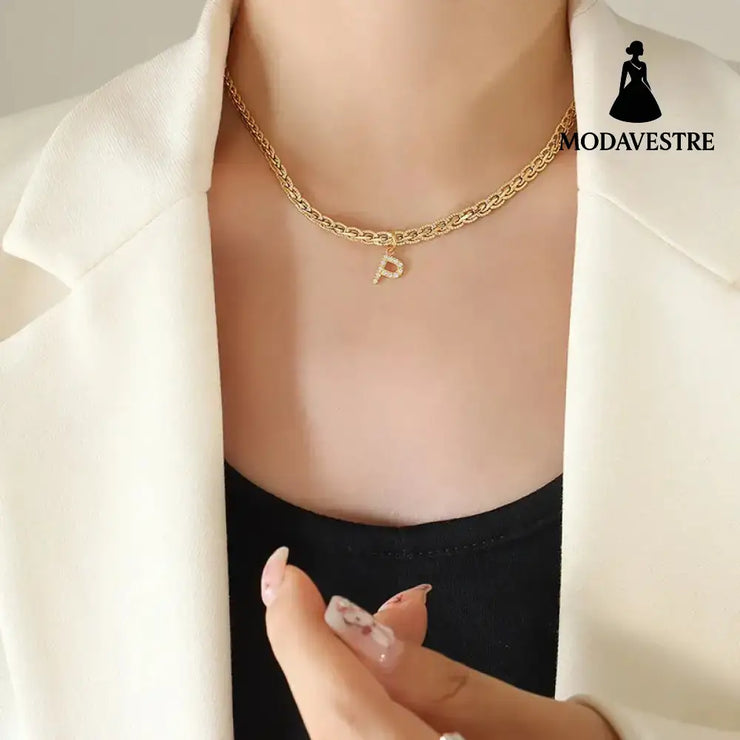 Brass Inlaid Zircon Letter Pendant Necklace Style P / One Size