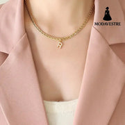 Brass Inlaid Zircon Letter Pendant Necklace Style R / One Size