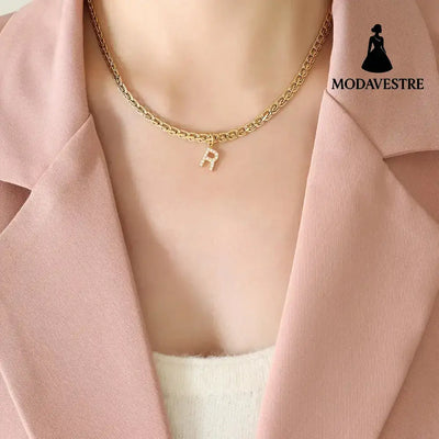 Brass Inlaid Zircon Letter Pendant Necklace Style R / One Size