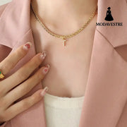 Brass Inlaid Zircon Letter Pendant Necklace Style T / One Size