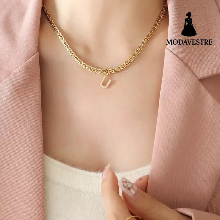 Brass Inlaid Zircon Letter Pendant Necklace Style U / One Size