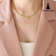 Brass Inlaid Zircon Letter Pendant Necklace Style V / One Size