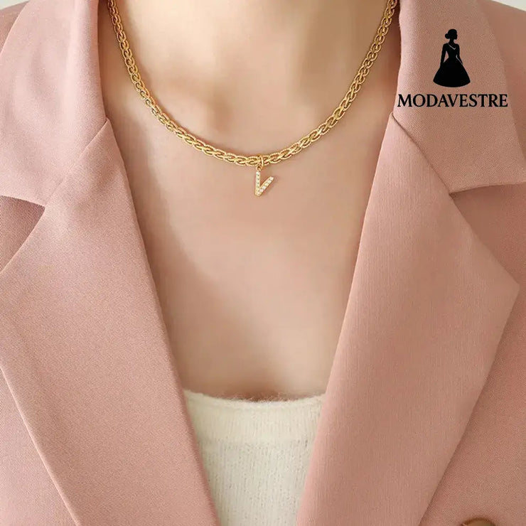 Brass Inlaid Zircon Letter Pendant Necklace Style V / One Size