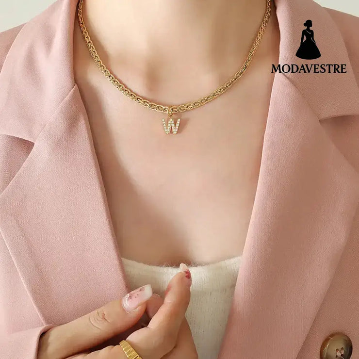 Brass Inlaid Zircon Letter Pendant Necklace Style W / One Size