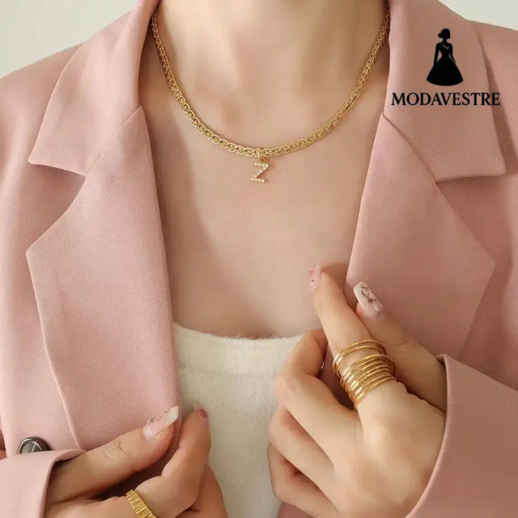 Brass Inlaid Zircon Letter Pendant Necklace Style Z / One Size