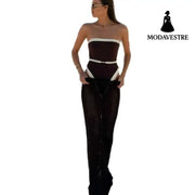 Brown and White One-Piece Swimsuit – Elegant Strapless Monokini for Women