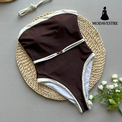 Brown and White One-Piece Swimsuit – Elegant Strapless Monokini for Women