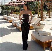 Brown and White One-Piece Swimsuit – Elegant Strapless Monokini for Women