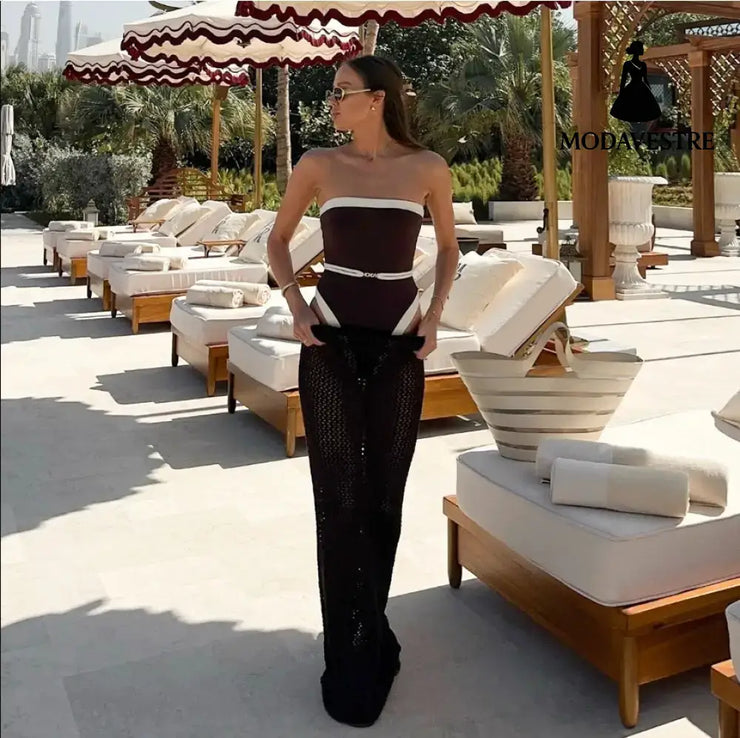 Brown and White One-Piece Swimsuit – Elegant Strapless Monokini for Women