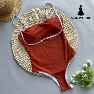 Brown One-Piece Swimsuit with Contrast Trim – Women’s Swimwear