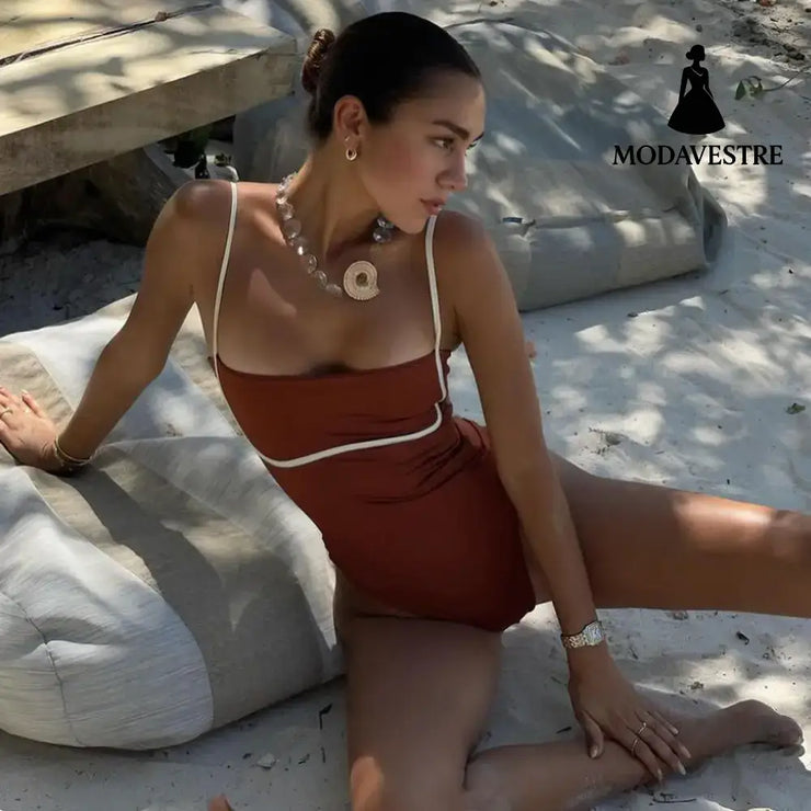 Brown One-Piece Swimsuit with Contrast Trim – Women’s Swimwear C3526 Brown / S