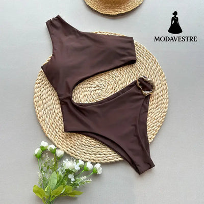 Brown One-Shoulder Bikini Set – Asymmetric Two-Piece Women’s Swimwear