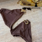 Brown One-Shoulder Bikini Set – Asymmetric Two-Piece Women’s Swimwear