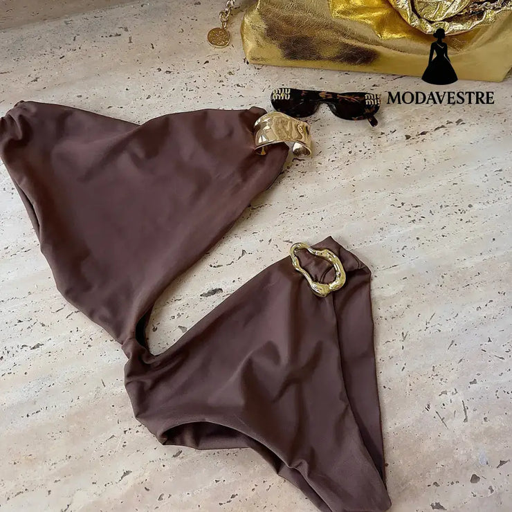Brown One-Shoulder Bikini Set – Asymmetric Two-Piece Women’s Swimwear