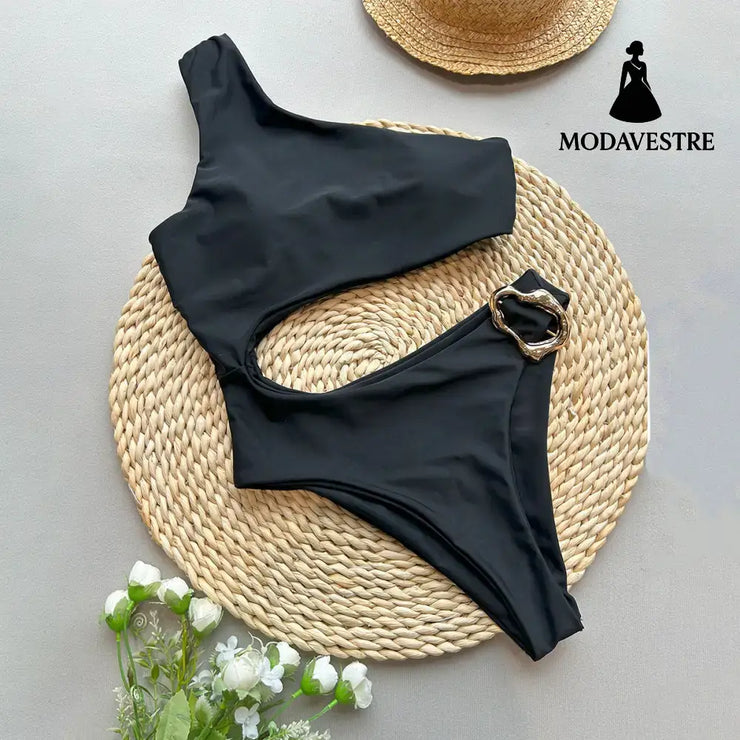 Brown One-Shoulder Bikini Set – Asymmetric Two-Piece Women’s Swimwear C3953 Black / S