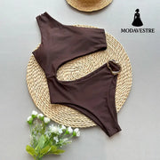 Brown One-Shoulder Bikini Set – Asymmetric Two-Piece Women’s Swimwear C3953 Brown / S