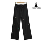 Butterfly embroidery workwear wide leg pants