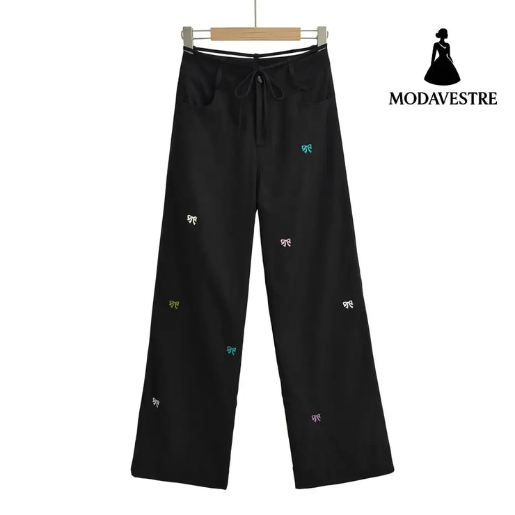 Butterfly embroidery workwear wide leg pants