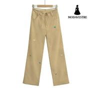 Butterfly embroidery workwear wide leg pants