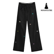 Butterfly embroidery workwear wide leg pants Black / S