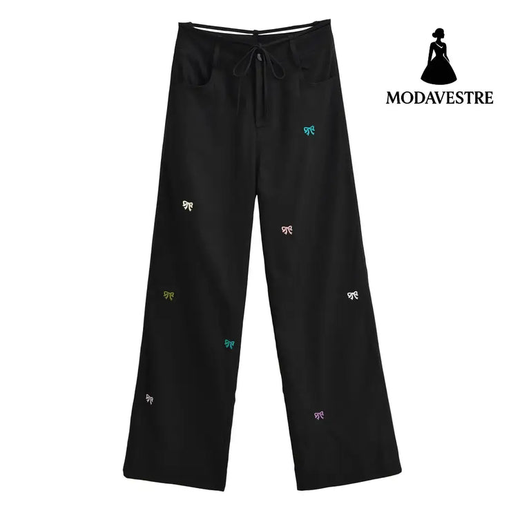 Butterfly embroidery workwear wide leg pants Black / S