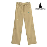 Butterfly embroidery workwear wide leg pants Khaki / S