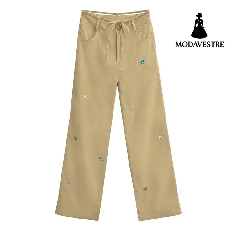 Butterfly embroidery workwear wide leg pants Khaki / S