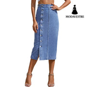 Button Irregular Slit denim High Waist Skirt