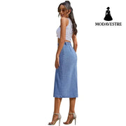 Button Irregular Slit denim High Waist Skirt