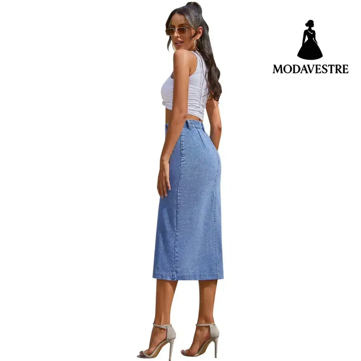 Button Irregular Slit denim High Waist Skirt