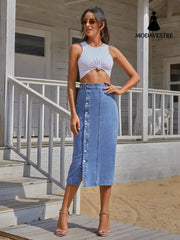 Button Irregular Slit denim High Waist Skirt